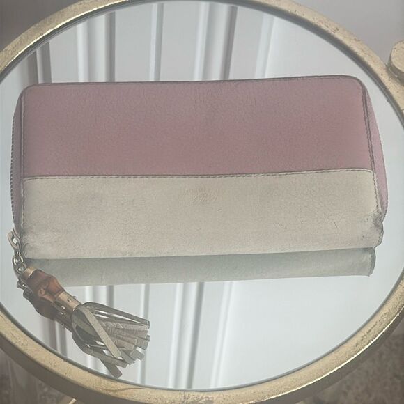 Gucci Vintage Pink and Cream Zip Around Wallet with Bamboo Tassel